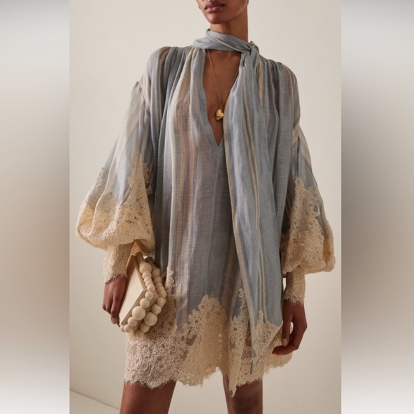Zimmermann Lyrical Lace Edge Linen Silk Mini Dress Sz 0 - Picture 2 of 11
